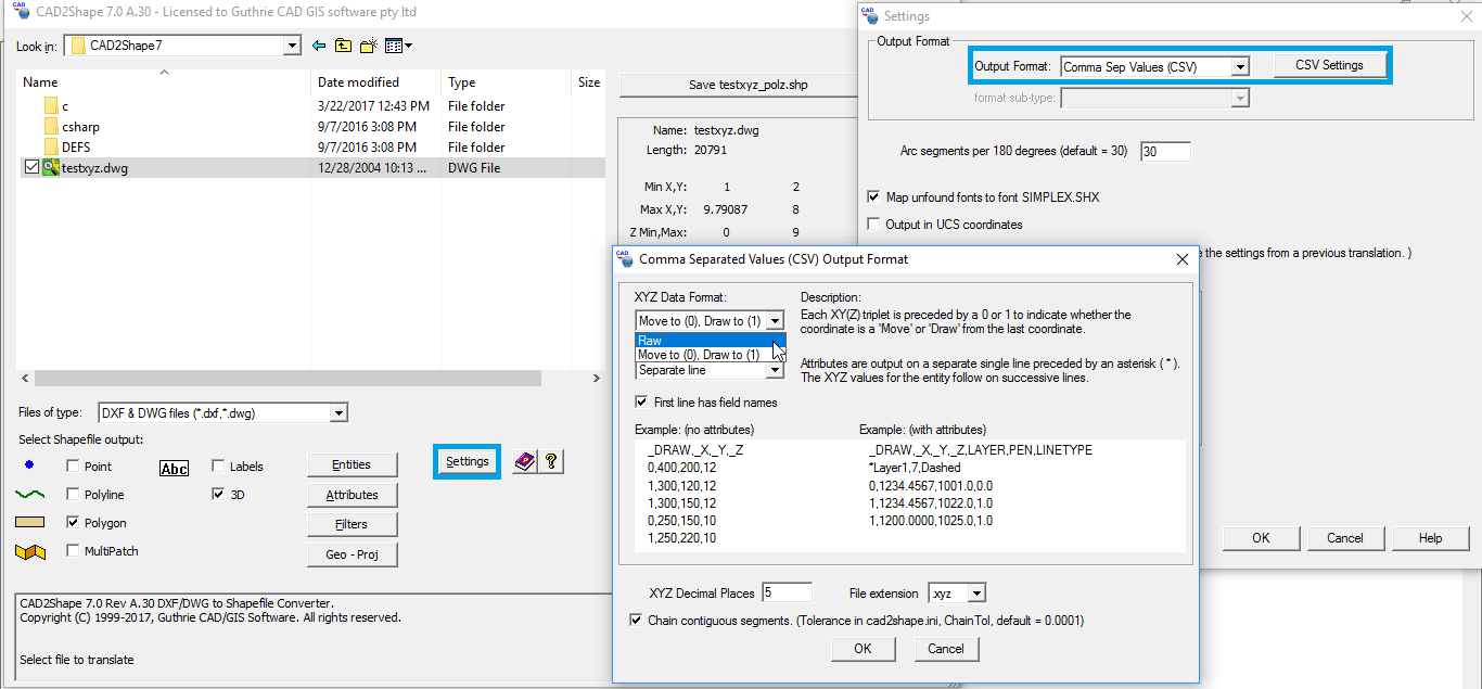 DXF / DWG to XYZ converter data format setting