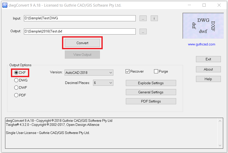 Step 3: Select DXF as a Output Format. Press Convert button.