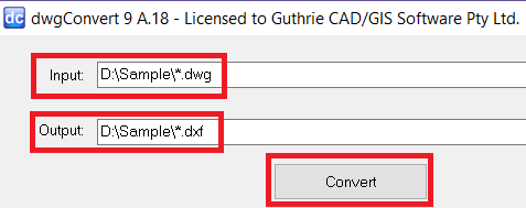 Batch Conversion: You just need to type "*"(asterisk), "."(dot) and file extension in both Input and Output.