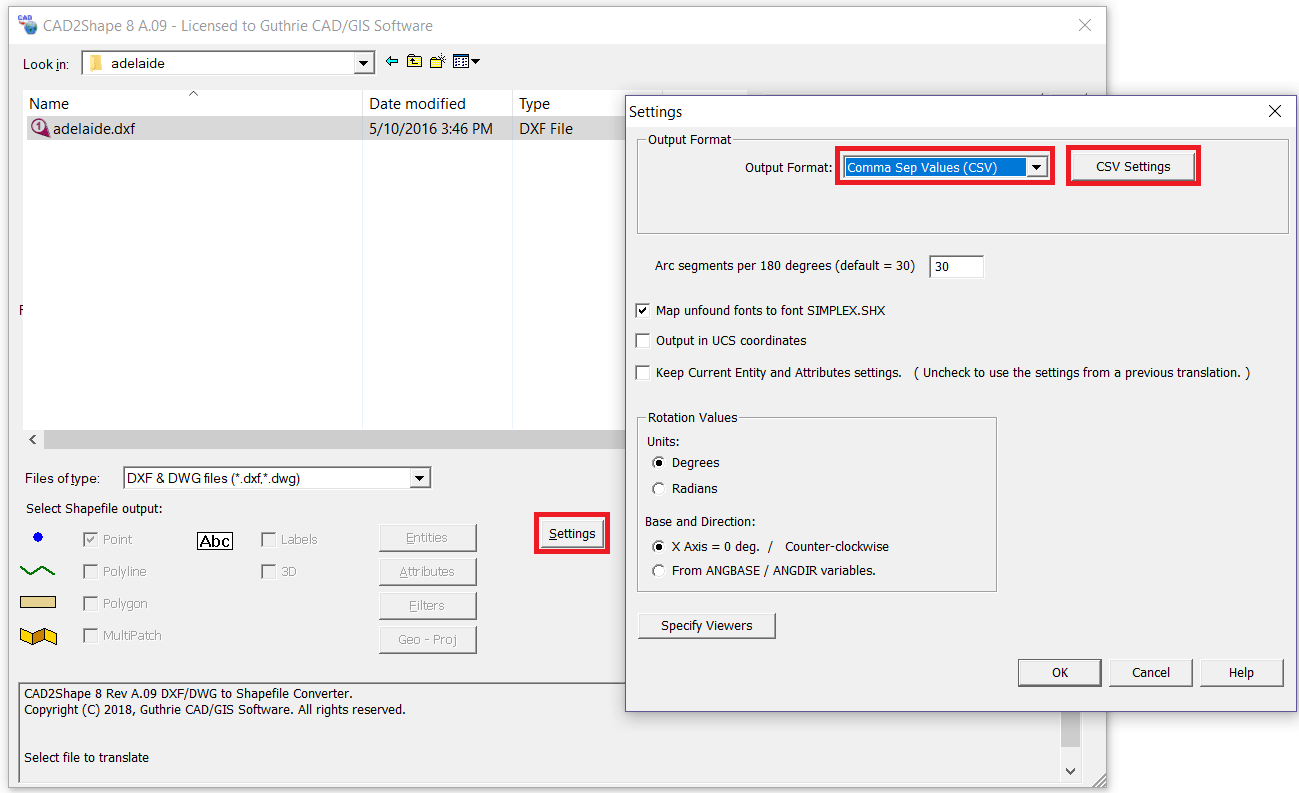 DWG to CSV/TXT Converter -file selection