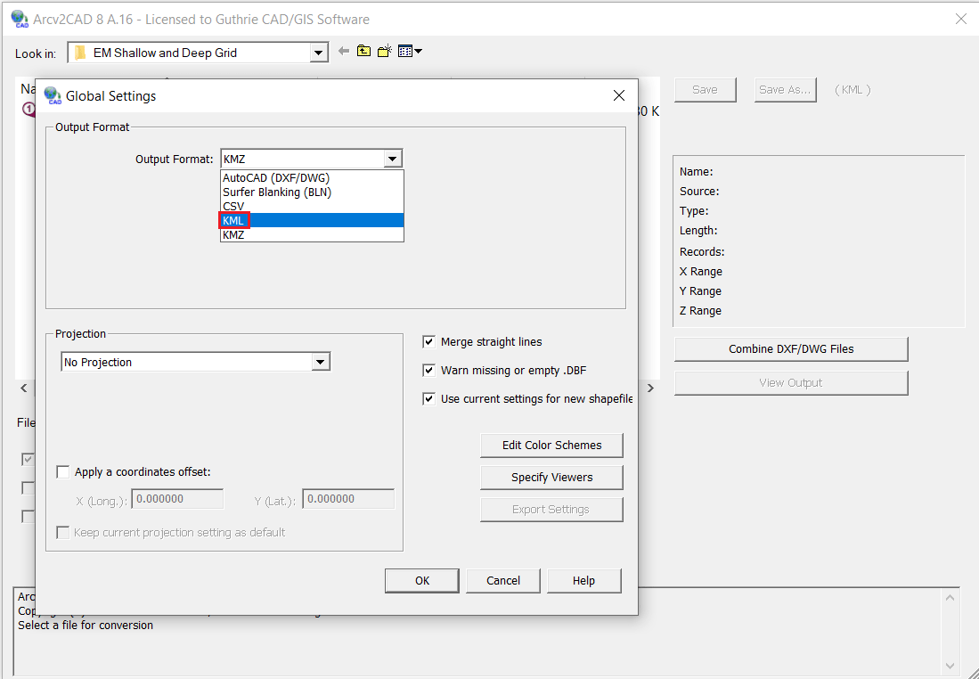 Select KML / KMZ as output option