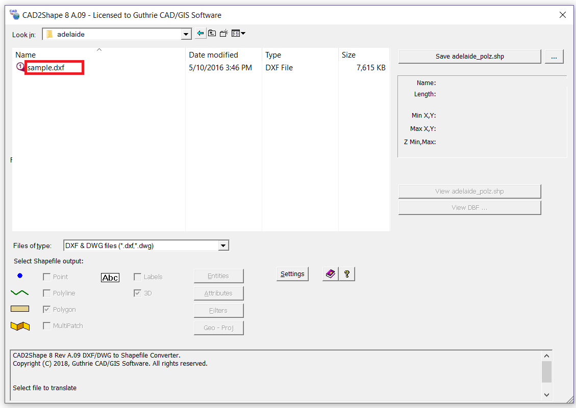 Dwg to SHP Converter -file selection