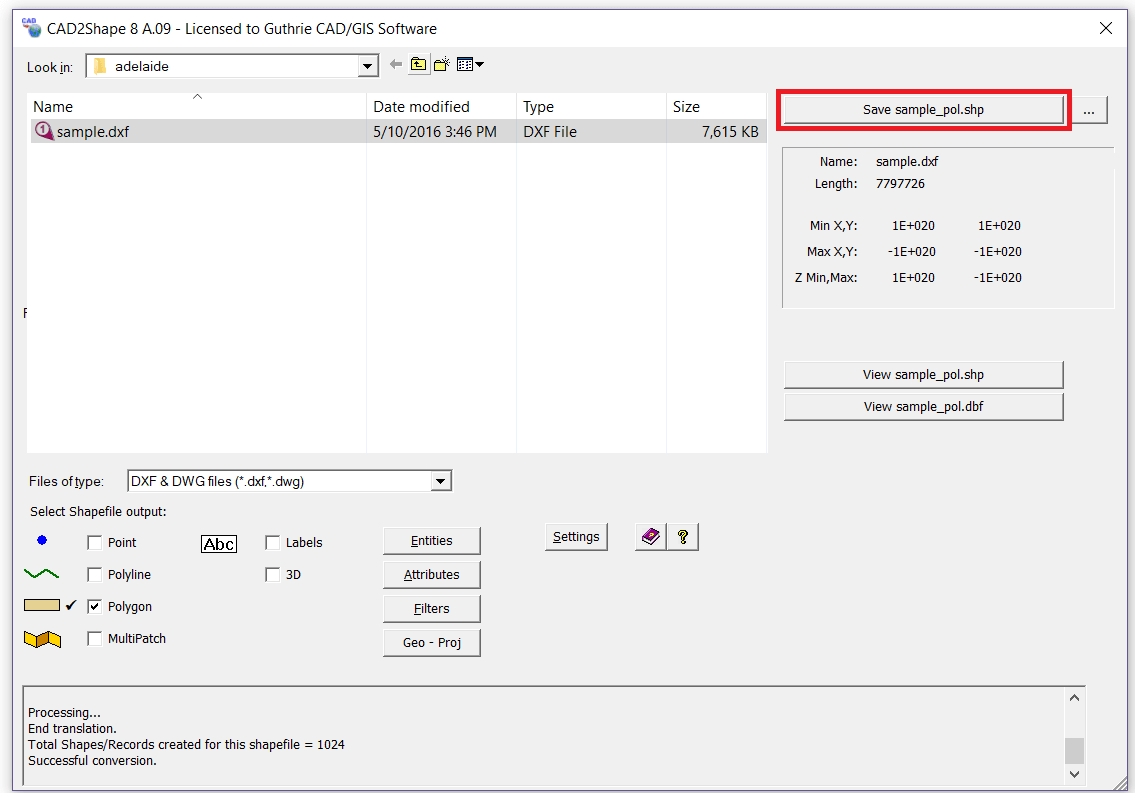 Press save button to convert DWG to SHP