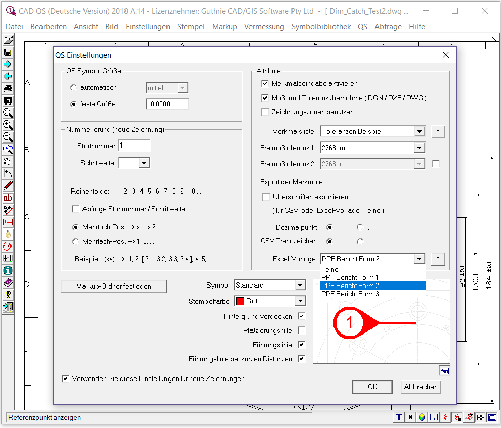 ob das Toleranzen Beispiel in der Definitionstabelle ausgewählt ist und das PPF Bericht Form 2 in der EXCEL-Vorlage ausgewählt ist.